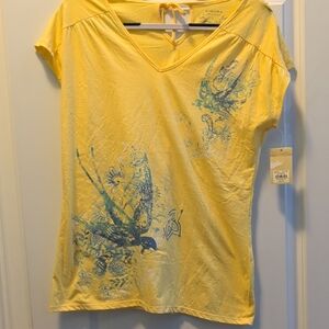 Yellow V-Neck Tee with Blue Bird Print